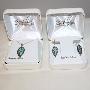 Tori Hill Sterling Silver Marcasite & Blue Glass Drop Leaf Necklace and Earrings